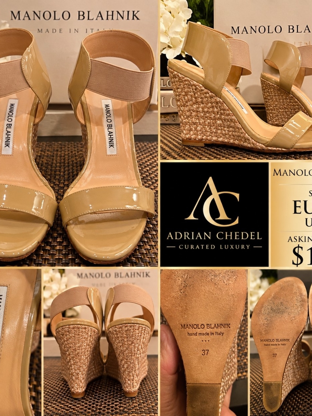 Manolo Blahnik Nude Patent Woven Wedge Sandals